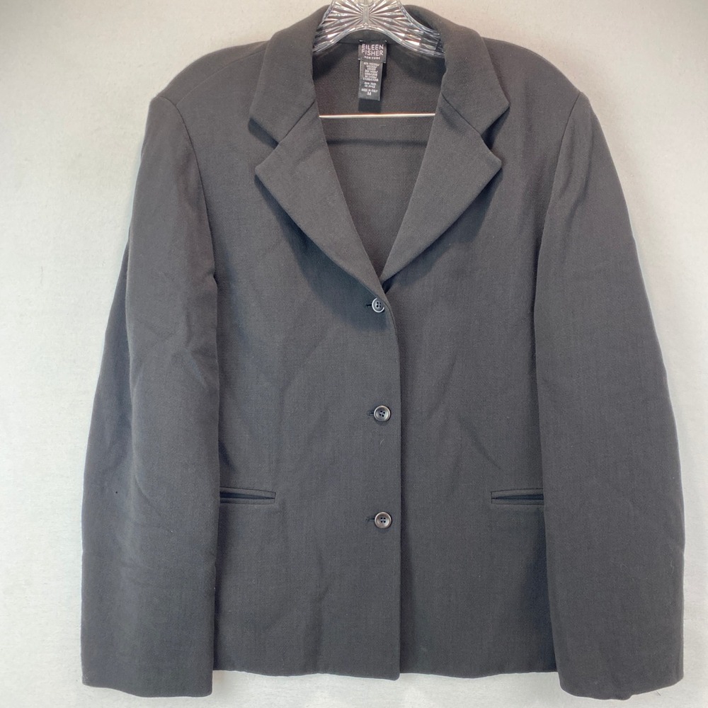 VTG Eileen Fisher Wool Blend 3 Button Blazer Women M Black Made in Italy Career